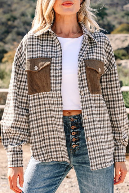 Plaid Shacket with Contrast Corduroy Flap Pockets