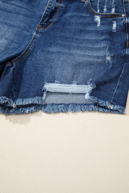 Sail Blue High-Waist Distressed Raw Hem Denim Shorts