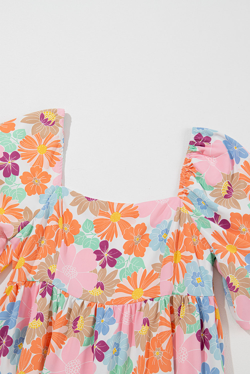 Pink Floral Square Neck Puff Sleeve Babydoll Dress