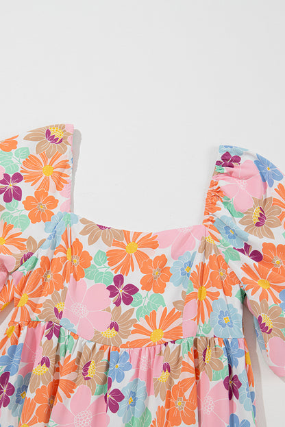 Pink Floral Square Neck Puff Sleeve Babydoll Dress