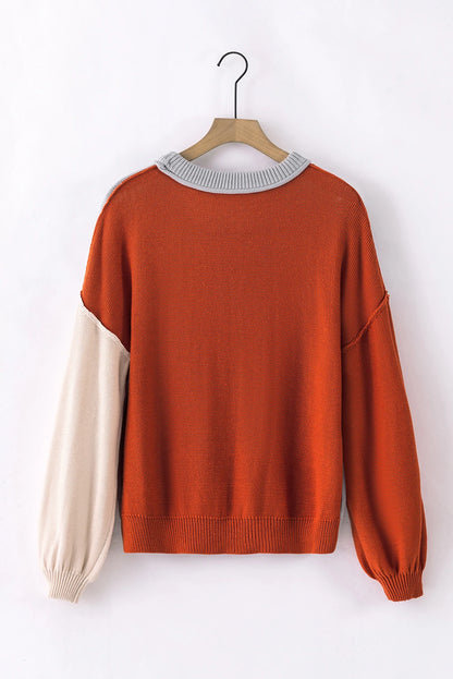 Colorblock Bishop Sleeve Ribbed Knit Sweater