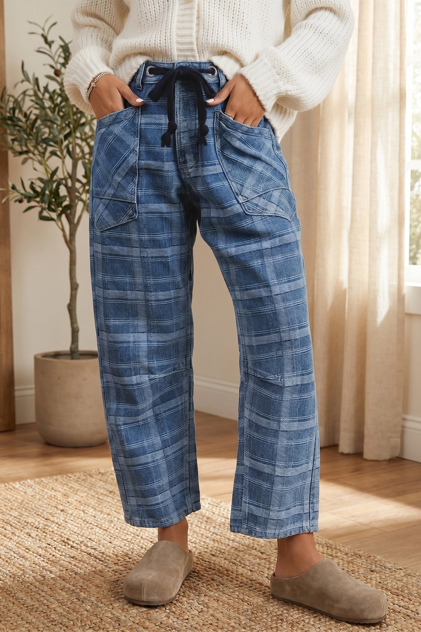 Plaid Denim Drawstring Wide Leg Utility Jeans