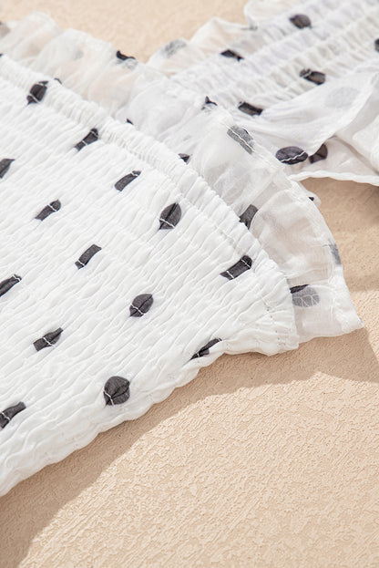 White Polka Dot Smocked Square Neck Flutter Maxi Dress