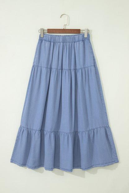 Blue Tiered Denim Maxi Skirt Elastic Waist Casual Summer