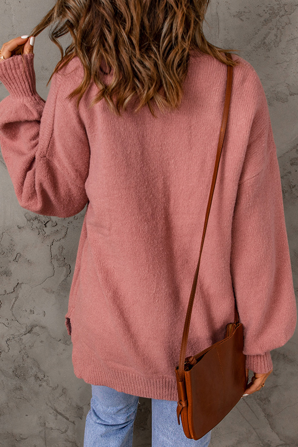 Solid Color Puffy Sleeve Pocketed Sweater