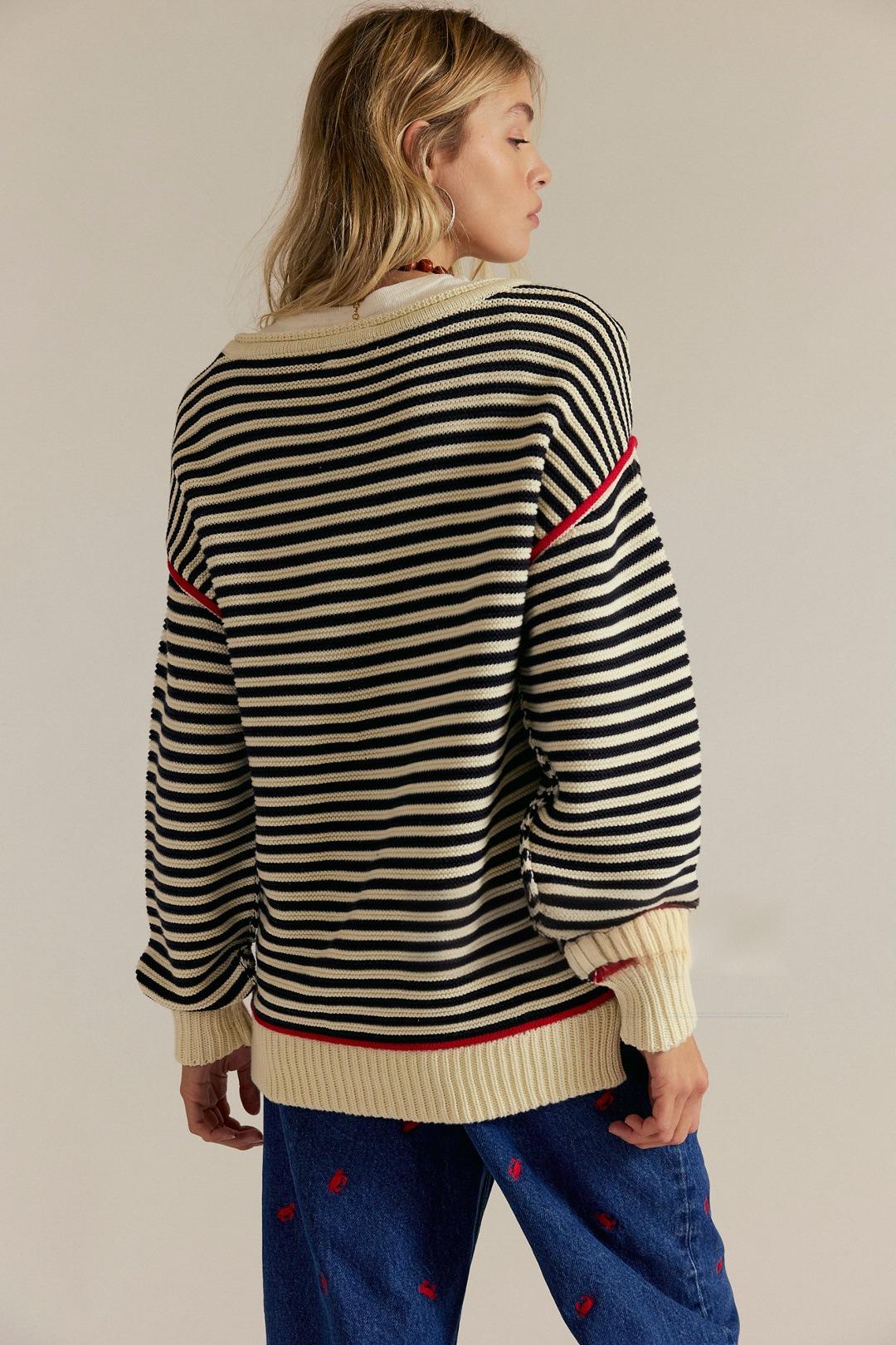 Stripe Knit Oversized Sweater Crew Neck Pullover Top