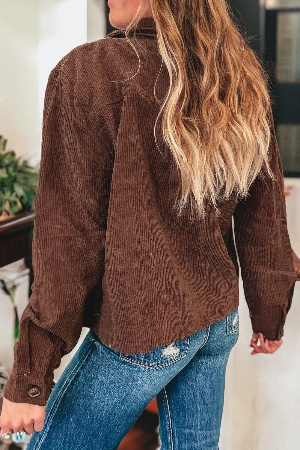Coffee Corduroy Floral Embroidered Button Front Jacket