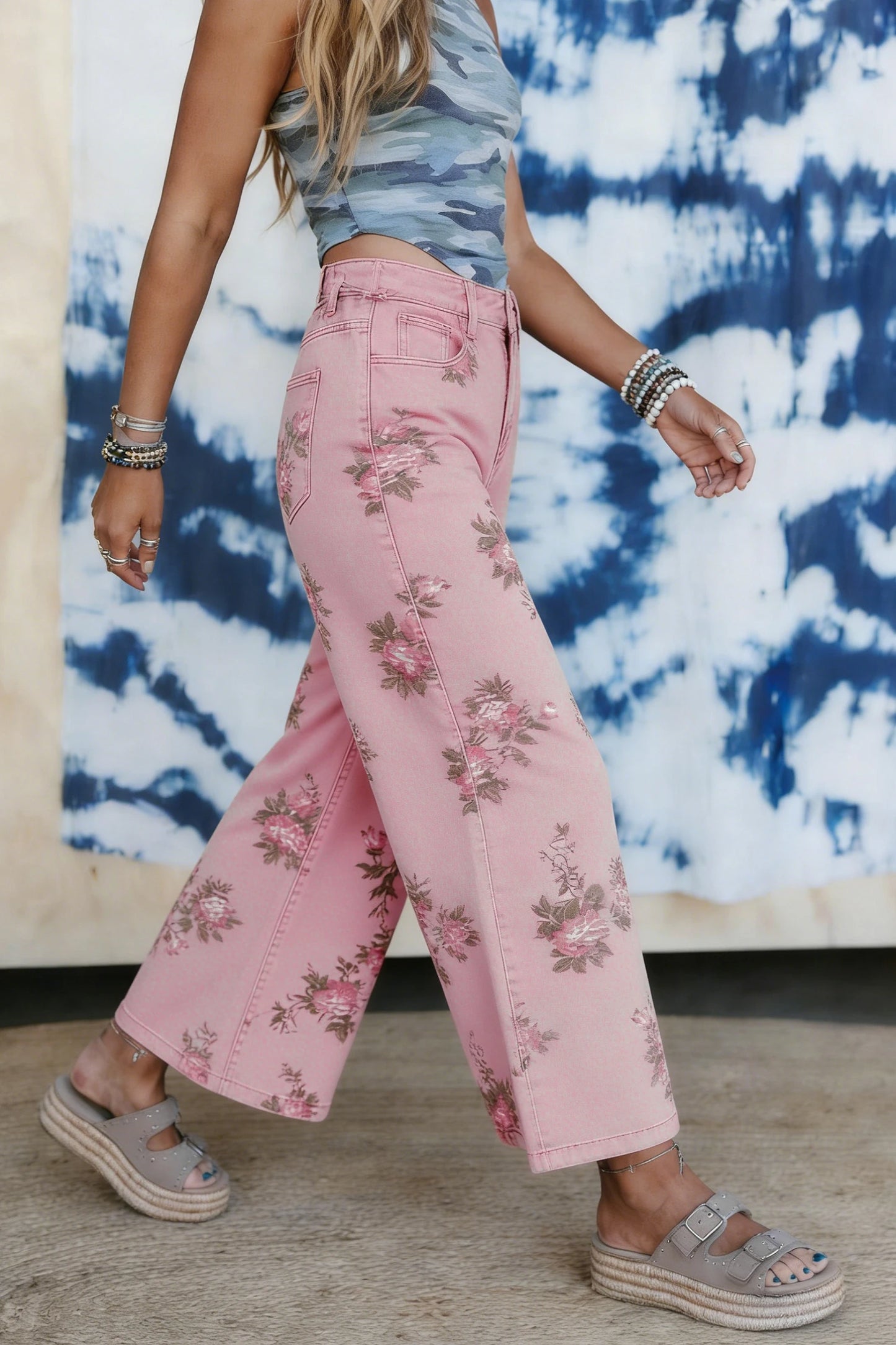 Floral Print Bootcut Jeans High Waist Vintage Denim
