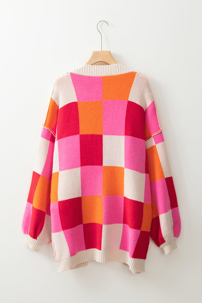 Light Blue Checkered Drop Shoulder Exposed Seam Open Front Cardigan