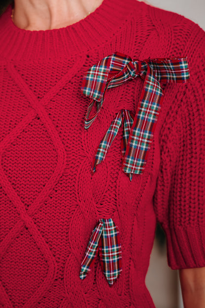 Red Plaid Bow Lace Up Cable Knit Short Sleeve Holiday Sweater
