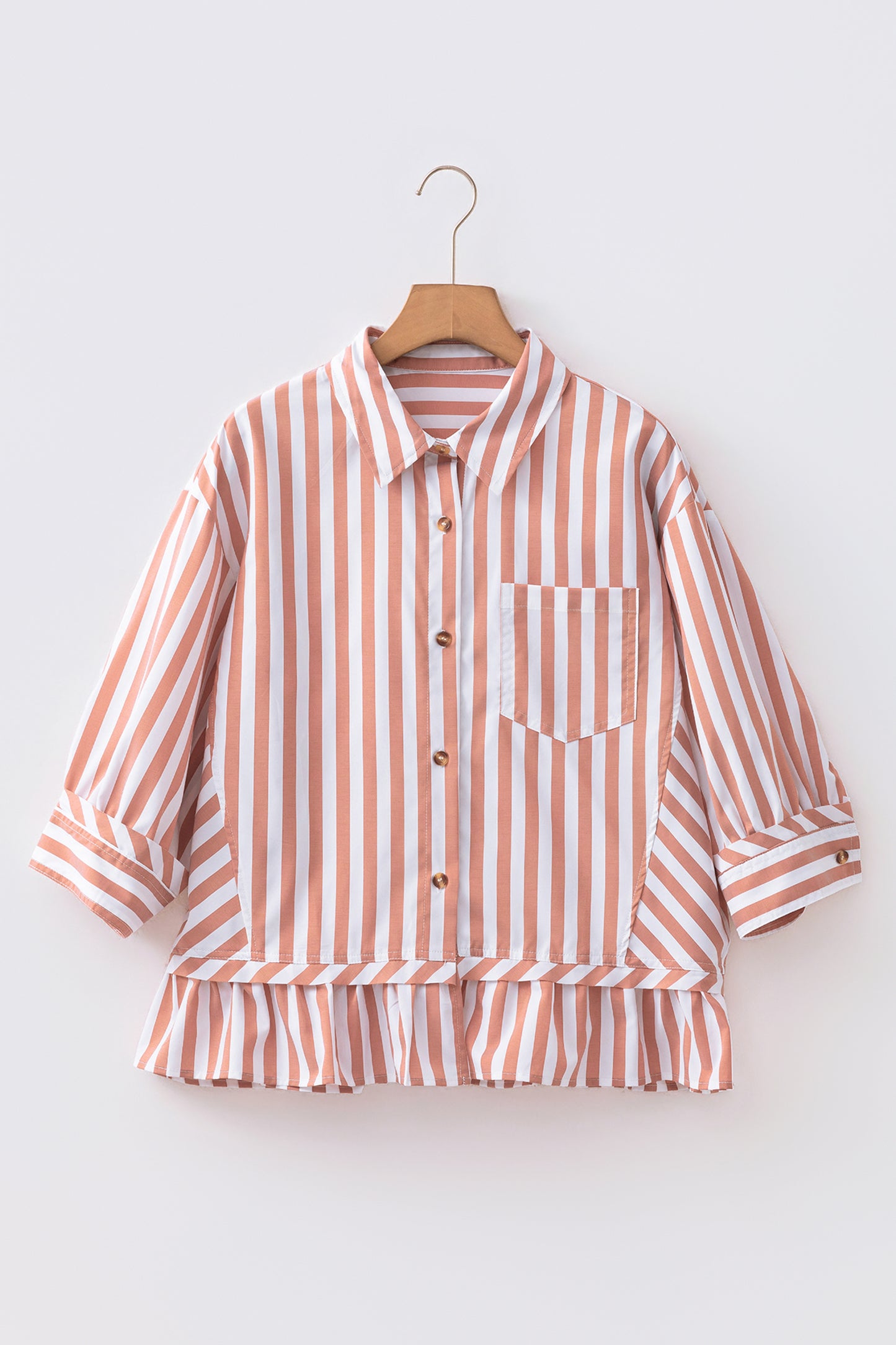 Khaki Stripe Button Front Shirt Ruffle Hem Peplum Top