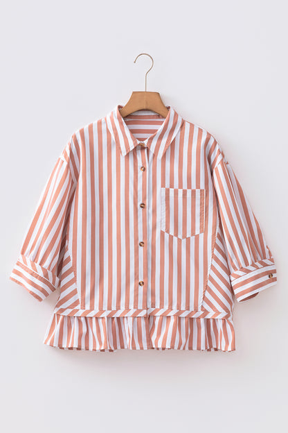 Khaki Stripe Button Front Shirt Ruffle Hem Peplum Top