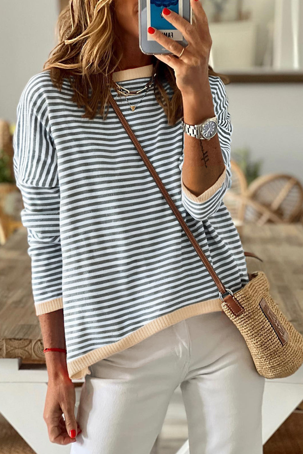 Contrast Trimmed Striped Drop Shoulder Sweater