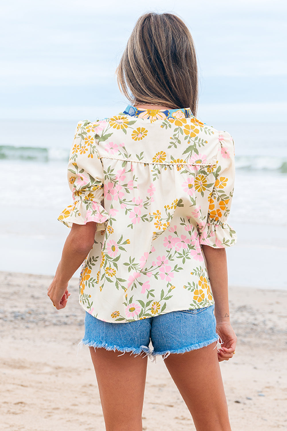 Boho Floral V Neck Crochet Trim Puff Sleeve Blouse