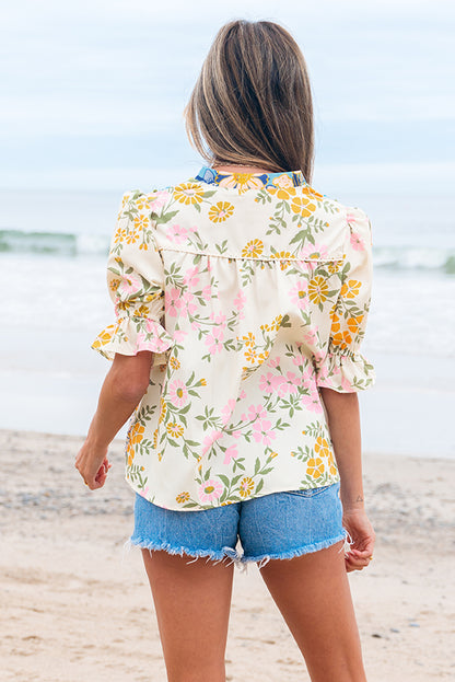Boho Floral V Neck Crochet Trim Puff Sleeve Blouse