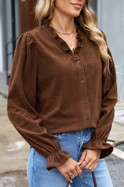 Coffee Corduroy Ruffle V Neck Button Shacket