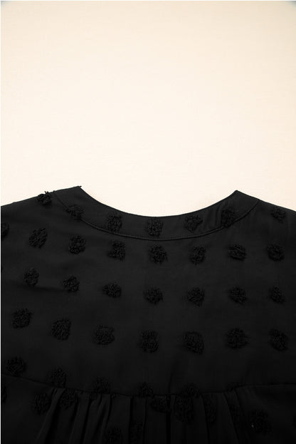 Navy Blue Dotty Textured Notched Neck Plus Ruffled Dress