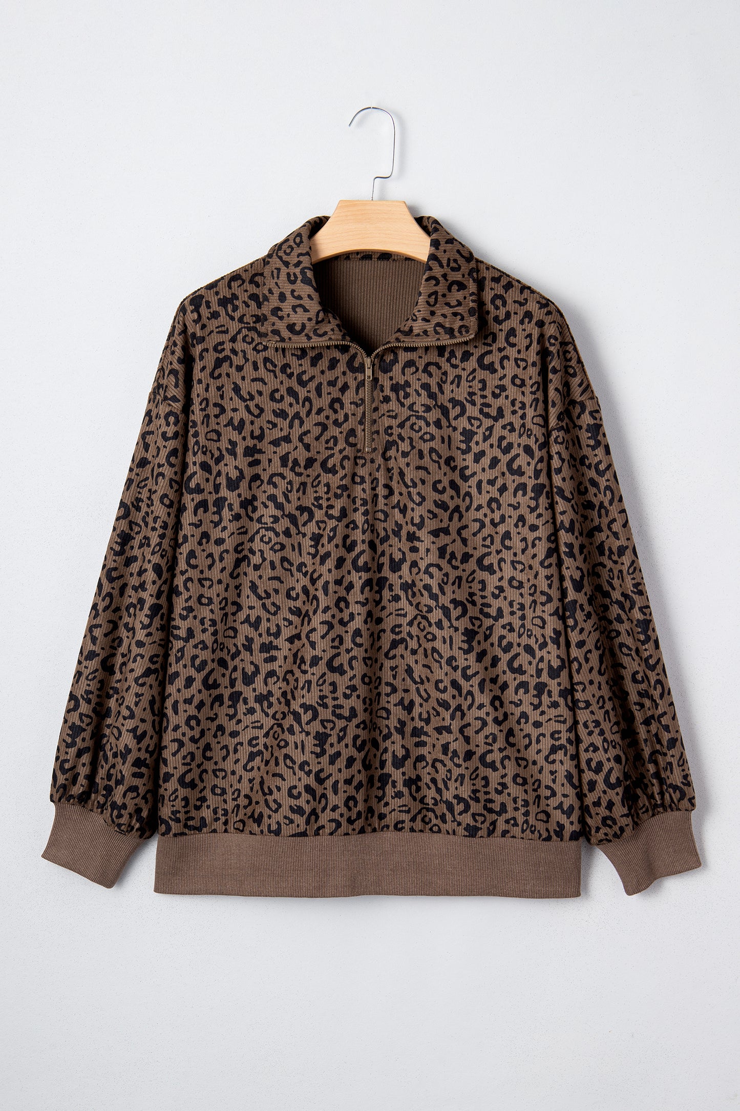 Leopard Print Quarter Zip Corduroy Pullover