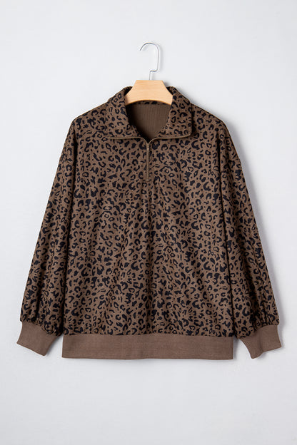 Leopard Print Quarter Zip Corduroy Pullover