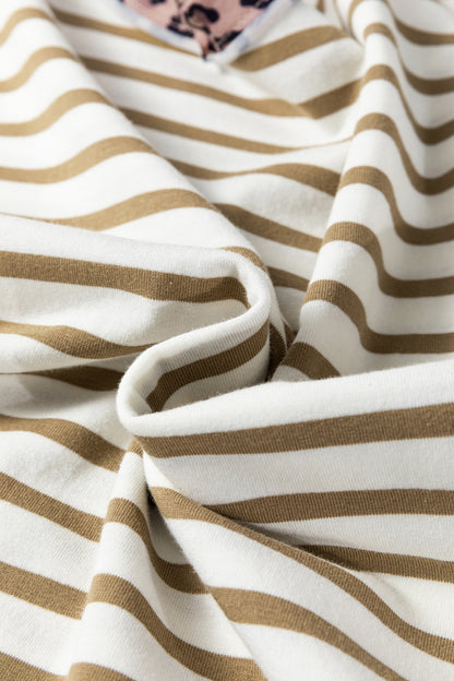 Striped Leopard Trim Tee Casual Loose Fit T Shirt
