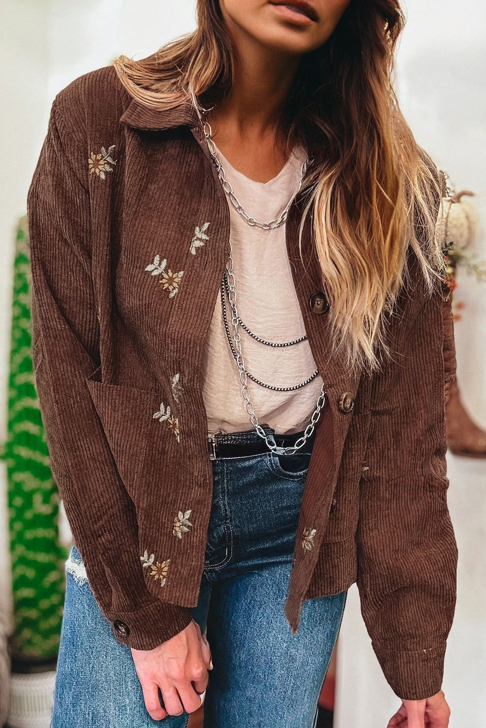 Coffee Corduroy Floral Embroidered Button Front Jacket