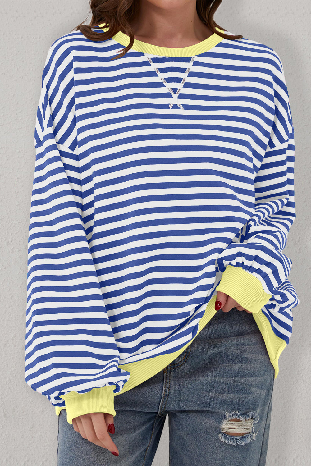 Sky Blue Stripe Oversized Contrast Trim Pullover Sweatshirt