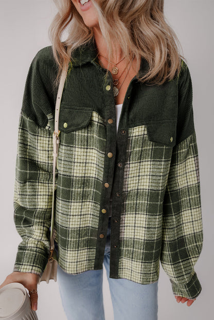 Blackish Green Snap Button Plaid Shacket with Corduroy Patchwork