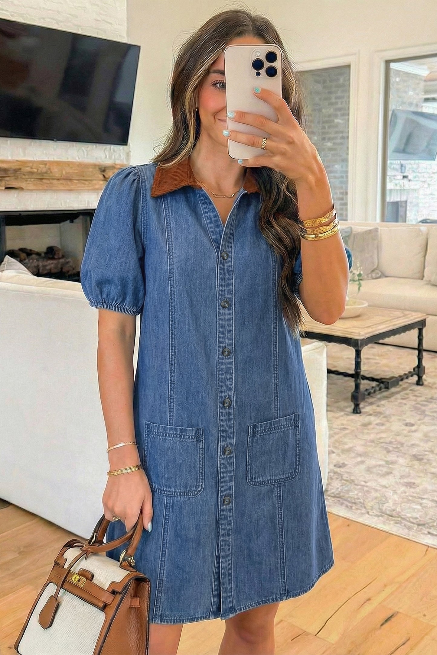 Denim Shirt Dress Women Puff Sleeve Button Front Mini