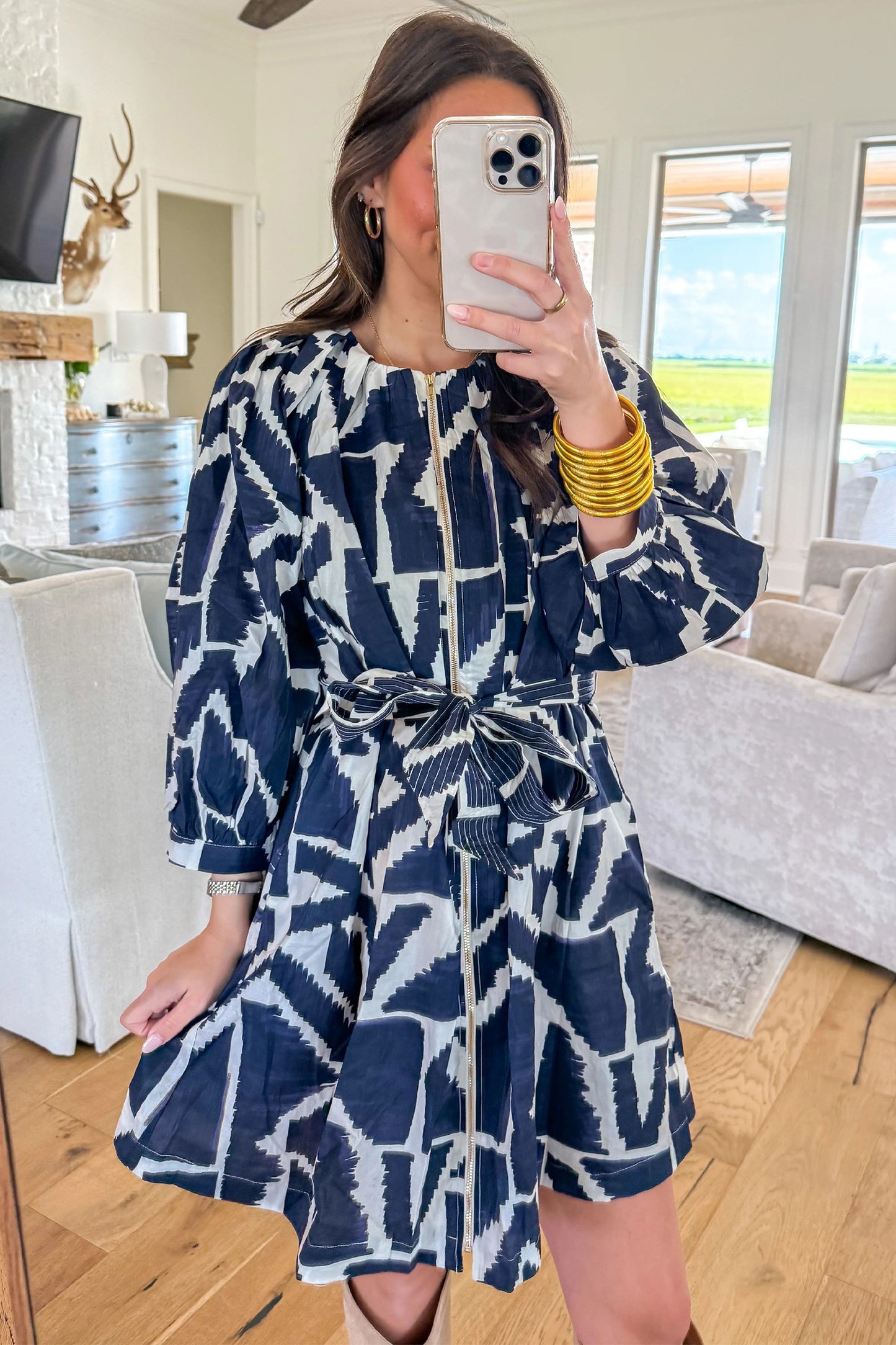 Blue Abstract Print Zip Front Tie Waist Mini Dress