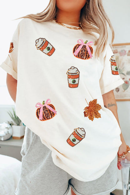 Sequin Pumpkin Coffee Thanksgiving Fall Graphic Tee