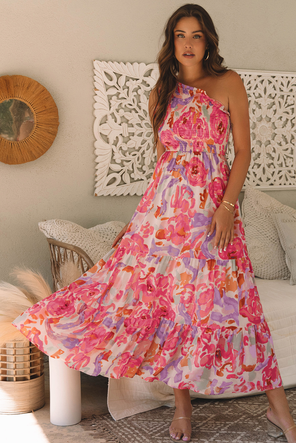 Pink Floral One Shoulder Smocked Tiered Maxi Dress