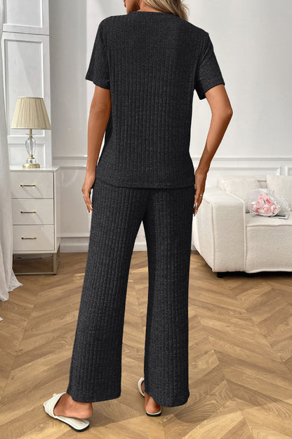 Short Sleeve Ribbed Knit Lounge Set with Drawstring Pants