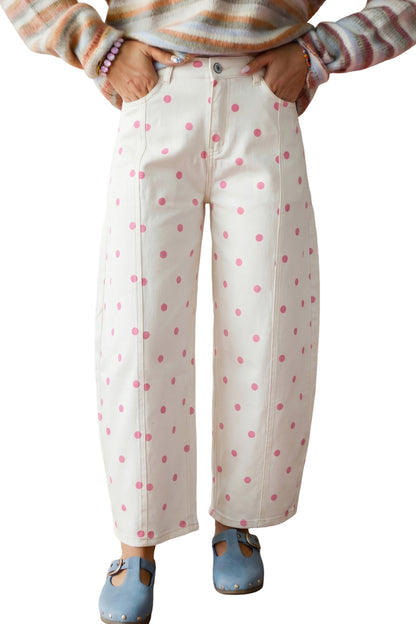 Blue Polka Dot Barrel Jeans High Waist Wide Leg Pants