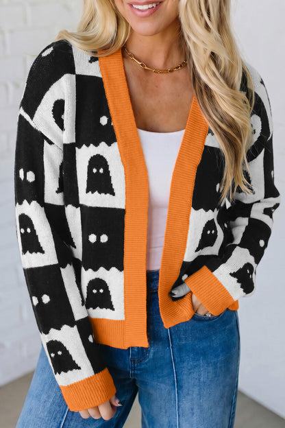 Halloween Ghost Print Open Front Knit Cardigan