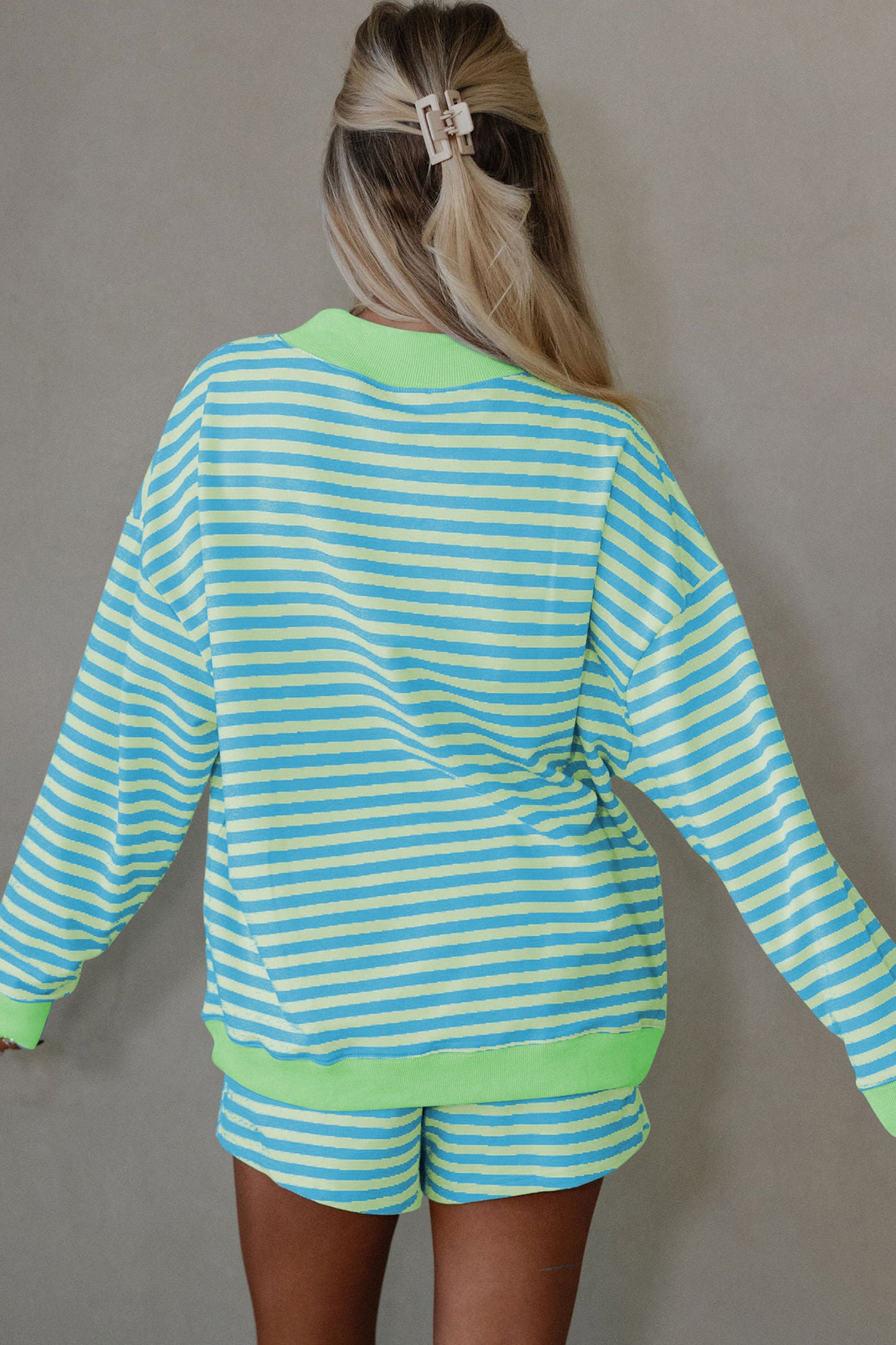 Striped Long Sleeve Pullover and Shorts Lounge Set