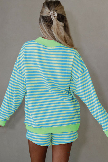 Striped Long Sleeve Pullover and Shorts Lounge Set