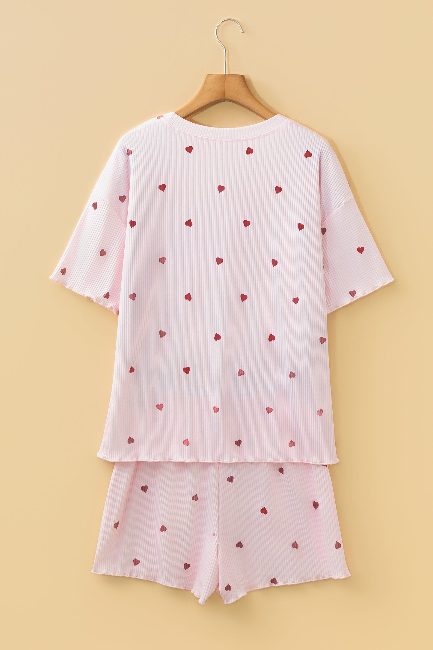Pink Heart Print Ribbed Knit Valentine Lounge Short Set