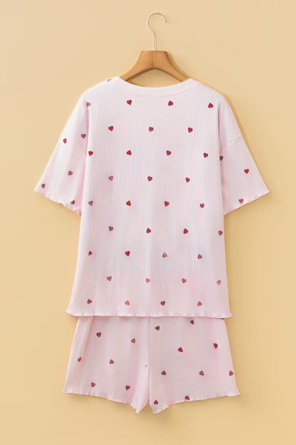 Pink Heart Print Ribbed Knit Valentine Lounge Short Set