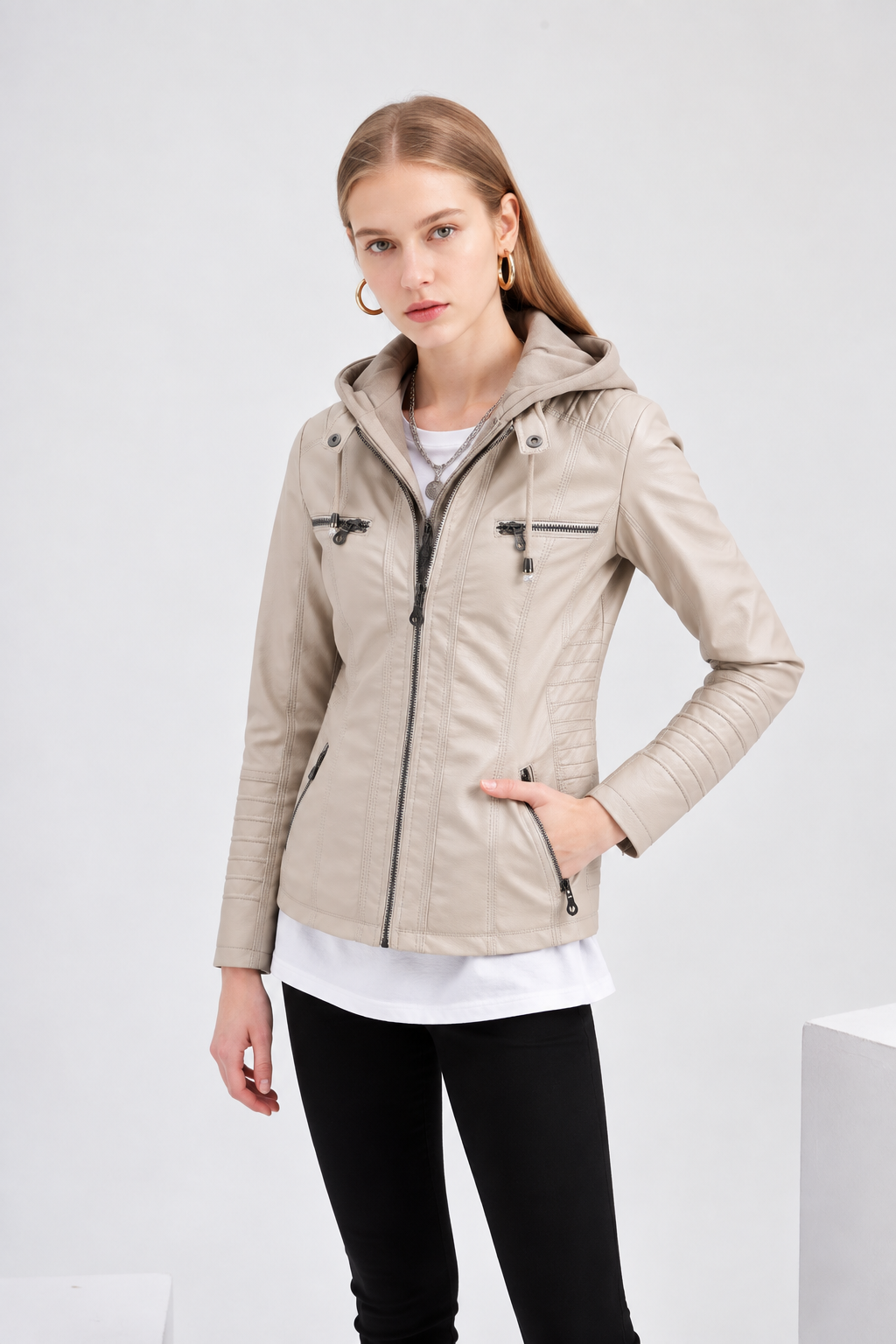 Women's Faux Leather Moto Jacket Removable Hood Plus Size