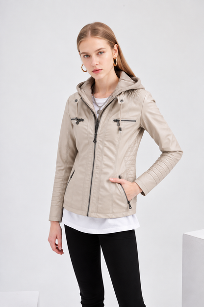 Women's Faux Leather Moto Jacket Removable Hood Plus Size