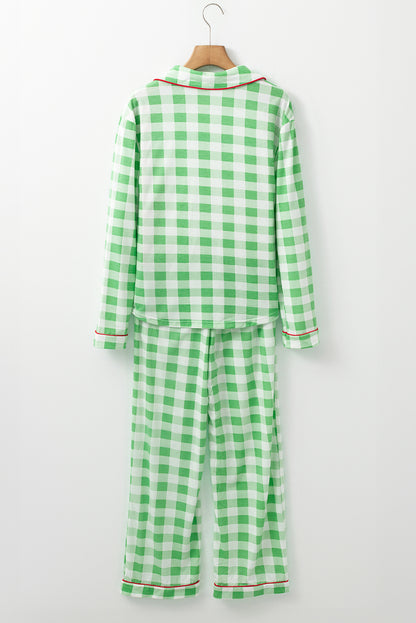 Light Green Christmas Plaid Print Shirt and Pants Pajama Set