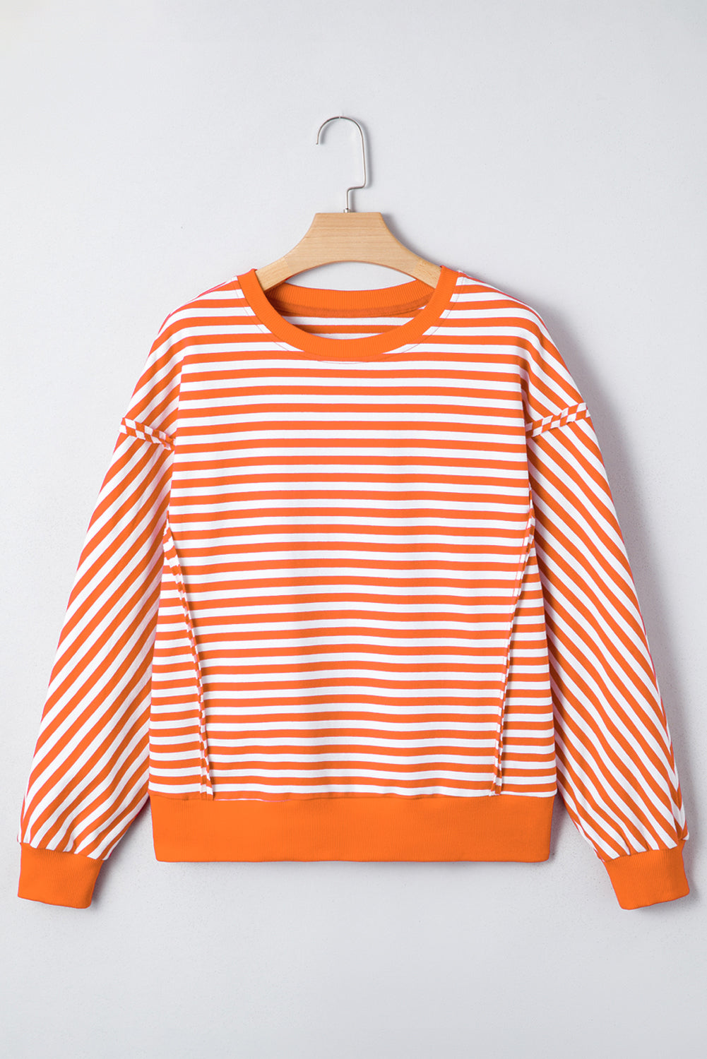Red Stripe Oversized Pullover Exposed Seam Long Sleeve Top