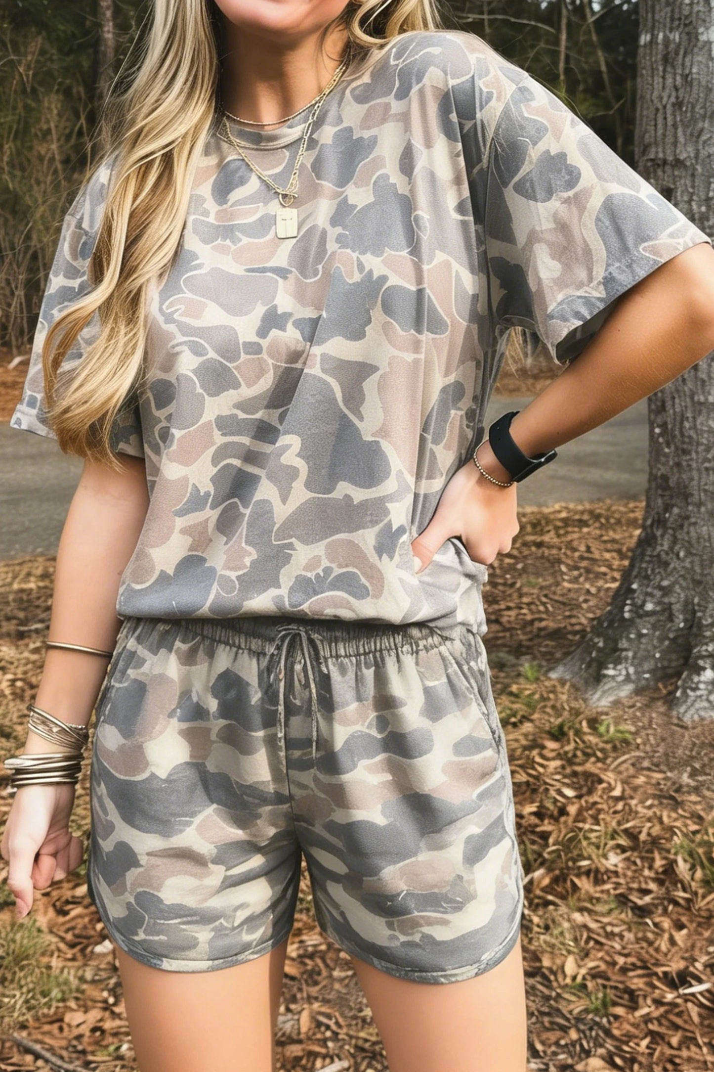 Camo Two Piece Lounge Set Oversized Tee Shorts Outfit