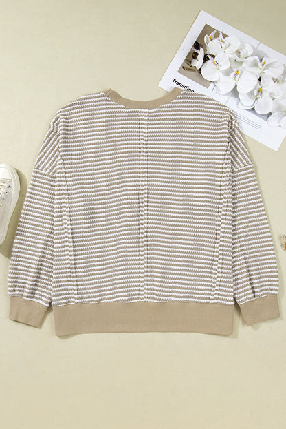 Plus Size Brown Stripe Knit Long Sleeve Ribbed Top