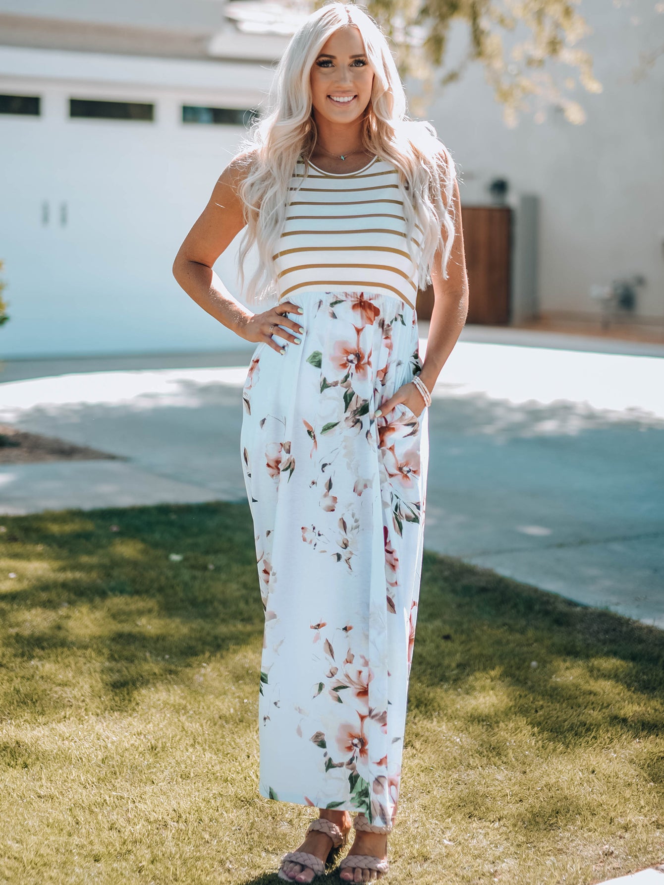 Striped Floral Sleeveless Maxi Dress with Pockets