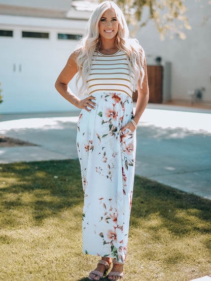 Striped Floral Sleeveless Maxi Dress with Pockets