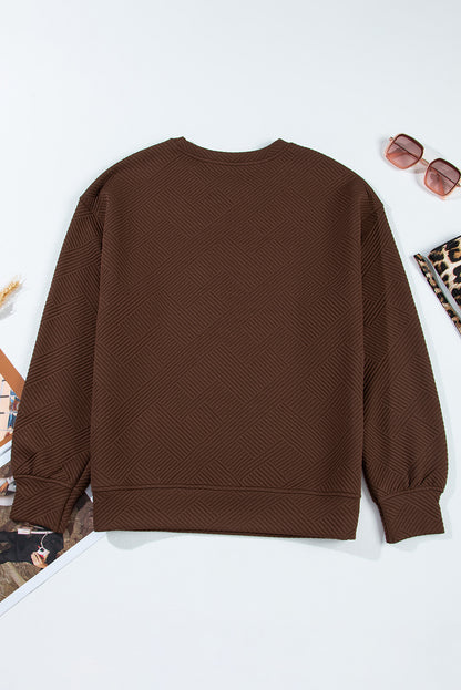 Jungle Green Solid Color Textured Round Neck Drop Shoulder Pullover Sweatshirt