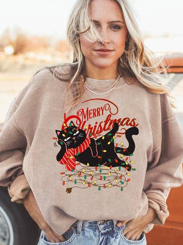 Christmas Cat Graphic Light String Corded Pullover Sweatshirt