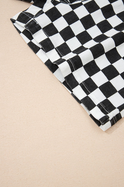 Checkered Print Overlap Denim Skort Mini Shorts