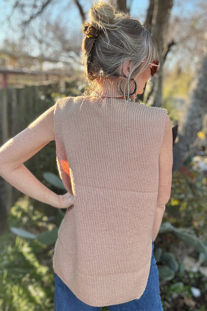 Beige Sleeveless Turtleneck Knit Sweater Vest Top